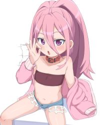  1girl :o bandeau bare_shoulders blue_shorts blush bubukka collar collarbone commentary_request fellatio_gesture flat_chest hair_between_eyes hand_up handjob_gesture jacket kemono_jihen loli long_hair long_sleeves looking_at_viewer midriff pale_skin pink_hair pink_jacket purple_eyes red_collar short_shorts shorts simple_background sitting solo strapless tademaru_aya thighs tube_top white_background  rating:Questionable score:300 user:danbooru