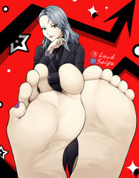  1girl feet foot_focus formal lewdsaiga long_hair looking_at_viewer mature_female niijima_sae persona persona_5 red_eyes solo suit toes white_hair  rating:Questionable score:9 user:Krystix