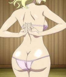 1girl adjusting_bra adjusting_clothes ass back blonde_hair bra breasts butt_crack from_behind head_out_of_frame large_breasts mitsuki_(mushibugyou) mushibugyou non-web_source panties pink_panties screencap solo standing stitched third-party_edit underwear underwear_only undressing wooden_wall y_shaped_butt_crack rating:Questionable score:91 user:danbooru