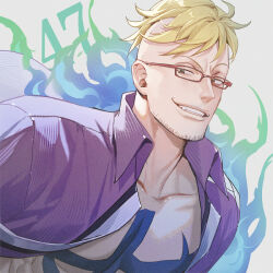  1boy anchor_tattoo beard_stubble blonde_hair chest_tattoo collarbone commentary commentary_request english_commentary facial_hair glasses male_focus marco_(one_piece) mixed-language_commentary mohawk one_piece open_clothes open_mouth open_shirt purple_shirt shirt short_hair smile solo stubble tattoo teeth yoshicha 