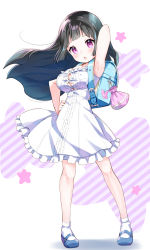  1girl amimi arm_behind_head arm_up armpits backpack bag black_hair blue_footwear breasts buttons cleavage dress full_body hand_on_own_hip highres hime_cut large_breasts long_hair mary_janes open_mouth original pink_eyes randoseru shoes sleeveless sleeveless_dress socks solo sundress taut_clothes white_dress wind wind_lift  rating:Sensitive score:18 user:danbooru