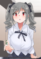 :o arm_support black_bow black_ribbon black_skirt blush bow breasts collared_shirt drill_hair grey_hair hair_bow highres idolmaster indoors kanzaki_ranko large_breasts open_mouth outstretched_hand pleated_skirt raised_eyebrows red_eyes ribbon shirt sidelocks skirt standing swept_bangs twin_drills upper_body white_shirt yuuichi_(reductionblack) rating:Sensitive score:14 user:Sir_Cumalot