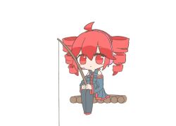  1girl ahoge bare_shoulders breast_pocket buttons chibi chibi_only closed_mouth detached_sleeves drill_hair fishing fishing_rod grey_shirt grey_sleeves headset holding holding_fishing_rod hyouenn kasane_teto long_sleeves medium_hair pocket red_eyes red_hair shirt simple_background sitting sleeveless sleeveless_shirt solo twin_drills utau white_background 