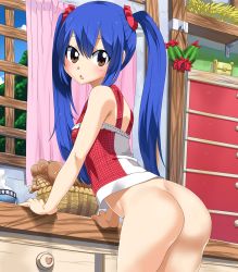 1girl :&lt; absurdres arched_back arm_support ass blue_hair blush bottomless breasts brown_eyes fairy_tail female_focus highres leaning_forward loli long_hair looking_at_viewer open_mouth planeptune small_breasts solo standing twintails wendy_marvell rating:Questionable score:35 user:ryzeks