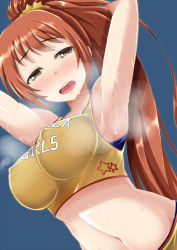 10s 1girl armpits arms_behind_head arms_up blush breasts brown_eyes brown_hair covered_erect_nipples female_focus highres idolmaster idolmaster_cinderella_girls large_breasts long_hair navel open_mouth ponytail smell solo sweat upper_body wakabayashi_tomoka yunodon_(sugar_maple) rating:Questionable score:43 user:sakuri