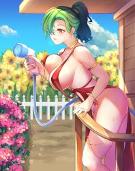 1girl alternate_costume alternate_hairstyle arm_under_breasts ass bare_legs bare_shoulders blue_sky blush breasts covered_erect_nipples day dress earrings exhibitionism flower from_side grey_hair hair_over_one_eye highres holding holding_hose hose jewelry kazami_yuuka large_breasts leaning_forward looking_to_the_side medium_hair no_bra no_panties orange_eyes outdoors parted_lips pink_flower ponytail public_indecency puck100ml red_dress red_eyes revealing_clothes sideboob sky sleeveless sleeveless_dress solo sunflower thighs touhou watering rating:Sensitive score:54 user:danbooru