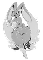  1girl breasts rabbit creatures_(company) eyelashes female_focus furry furry_female game_freak gen_4_pokemon looking_to_the_side lopunny medium_breasts monochrome nintendo nude open_mouth plump pointy_ears pokemon pokemon_(creature) signature smile solo sunibee thick_thighs thighs white_background wide_hips  rating:Sensitive score:44 user:fakyuh