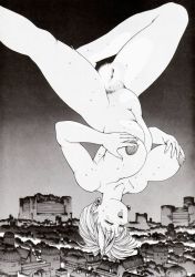 1girl breasts censored city earrings closed_eyes highres huge_breasts huge_clitoris jewelry large_breasts monochrome nude open_mouth phaia short_hair solo spunky_knight upside-down youhei_kozou rating:Explicit score:8 user:yes32