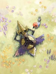  aegislash bird commentary creatures_(company) closed_eyes fletchling flower from_above full_body game_freak gen_6_pokemon grass highres looking_at_another lying meadow mokuzou_(moku_ssbu) nintendo no_humans on_back on_grass outdoors pokemon pokemon_(creature) sleeping symbol-only_commentary twitter_username  rating:General score:3 user:danbooru
