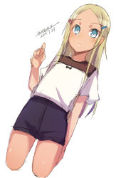  1girl black_shorts blonde_hair blue_eyes blush closed_mouth cropped_legs dark-skinned_female dark_skin dated dutch_angle forehead hair_ornament hairclip hand_up long_hair looking_at_viewer maze_(gochama_ze_gohan) original parted_bangs shirt short_shorts short_sleeves shorts signature simple_background sketch solo standing very_long_hair white_background white_shirt wide_sleeves  rating:Sensitive score:5 user:danbooru
