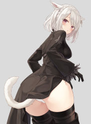  1girl absurdres animal_ears ass azuuru black_dress black_gloves black_thighhighs boots braid breasts cat_ears cat_girl cat_tail cosplay cowboy_shot dress earrings facial_mark feathers final_fantasy final_fantasy_xiv french_braid from_behind gloves grey_background highres jewelry long_sleeves looking_at_viewer looking_back medium_breasts miqo&#039;te nier_(series) nier:automata panties pantyshot parted_lips red_eyes short_hair side_slit simple_background skindentation solo sweater tail thigh_boots thighhighs thighs turtleneck turtleneck_sweater underwear white_hair white_panties 2b_(nier:automata) 2b_(nier:automata)_(cosplay)  rating:Sensitive score:38 user:danbooru