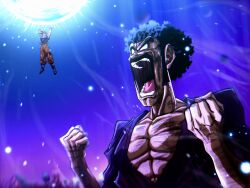  2boys absurdres afro black_eyes black_hair blue_shirt blurry blurry_background clenched_hands dragon_ball dragonball_z facial_hair genki_dama highres mr._satan multiple_boys muscular muscular_male mustache open_mouth orange_pants pants powering_up screaming shirt solo_focus son_goku stmt_tmtk torn_clothes torn_pants torn_shirt 