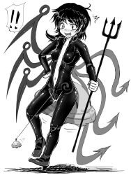  ! !! 1girl akatuki_(yamina) asymmetrical_wings black_hair blush breasts covered_erect_nipples fangs greyscale houjuu_nue mary_janes medium_hair monochrome navel pointy_ears polearm shoes simple_background small_breasts solo tears touhou trident weapon white_background wings 