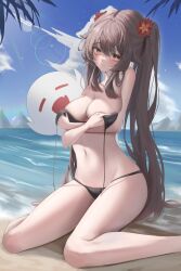  1girl absurdres bare_arms bare_legs bare_shoulders bikini black_bikini blue_sky blush boo_tao_(genshin_impact) brown_eyes brown_hair cloud commentary day foot_out_of_frame genshin_impact highres hong_(vsak3373) hu_tao_(genshin_impact) long_hair looking_at_viewer navel outdoors sitting sky smile solo stomach swimsuit thighs twintails very_long_hair wariza water 