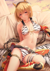  1girl arm_behind_back armor armored_boots belt bikini black_belt blonde_hair blush boots breasts chain closed_mouth commentary_request djeeta_(granblue_fantasy) fake_horns gauntlets granblue_fantasy hair_ornament horns leaning_back medium_breasts navel short_hair sitting smile solo stomach suzuame_yatsumi swimsuit thigh_strap white_bikini  rating:Sensitive score:31 user:danbooru