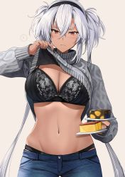  1girl absurdres black_bra black_nails black_panties blue_pants bra breasts cleavage closed_mouth clothes_lift commentary_request dark-skinned_female dark_skin denim plate floral_print food glasses hair_between_eyes highres jeans kantai_collection lace lace-trimmed_bra lace_trim large_breasts lifted_by_self lingerie long_hair long_sleeves looking_at_viewer musashi_(kancolle) musashi_kai_ni_(kancolle) nail_polish navel paid_reward_available panties pants red_eyes paid_reward_available semi-rimless_eyewear silver_hair solo sweater sweater_lift twintails two_side_up underwear yunamaro  rating:Sensitive score:60 user:danbooru