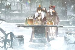  1boy 1girl black_gloves black_hair black_shorts brown_hair cape chinese_clothes chinese_commentary cup door flower food formal fruit full_body fur-trimmed_cape fur_trim genshin_impact gloves gradient_hair hair_between_eyes hand_up hat hat_flower hat_tassel highres holding holding_cup hu_tao_(genshin_impact) jacket long_hair long_sleeves mandarin_orange multicolored_hair open_mouth porkpie_hat red_eyes shorts sitting smile snow snowing suit symbol-shaped_pupils table tailcoat very_long_hair xiushoupangguanke17557 zhongli_(genshin_impact) 