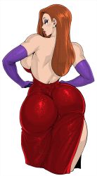  1girl ass backless_dress backless_outfit bare_back bare_shoulders blue_eyes breasts colorized curvy dress earrings elbow_gloves eyeshadow from_behind gloves hands_on_own_hips highres huge_ass huge_breasts jessica_rabbit jewelry lipstick long_hair looking_at_viewer looking_back makeup parted_lips red_dress red_hair sideboob skin_tight solo synecdoche thick_thighs thighs white_background who_framed_roger_rabbit wide_hips  rating:Questionable score:155 user:MisatoKaichou