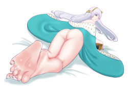 1girl anastasia_(fate) ass barefoot blue_eyes fate/grand_order fate_(series) feet feet_together foot_focus hair_over_one_eye highres long_hair looking_at_viewer looking_back lying no_panties on_stomach pov pussy silver_hair soles toes rating:Explicit score:12 user:ssfl