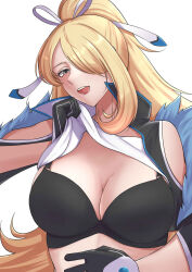 1girl arm_up black_bra black_gloves blonde_hair bra breasts clothes_lift collarbone creatures_(company) cynthia_(pokemon) cynthia_(sygna_suit)_(aura)_(pokemon) fur_trim game_freak gloves grey_eyes hair_over_one_eye hair_ribbon high_ponytail highres kikyouta large_breasts lifted_by_self long_hair looking_at_viewer nintendo official_alternate_costume open_mouth pokemon pokemon_masters_ex ribbon shirt shirt_lift simple_background solo tongue tongue_out underwear upper_body very_long_hair vest white_background white_shirt 