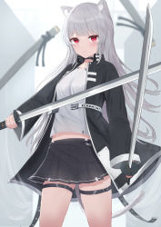 1girl absurdres animal_ear_fluff animal_ears black_jacket black_skirt blurry blurry_background breasts cat_ears cat_girl cat_tail closed_mouth commentary_request depth_of_field dual_wielding grey_hair highres holding holding_sword holding_weapon jacket katana long_hair long_sleeves looking_at_viewer midriff_peek navel open_clothes open_jacket original pleated_skirt red_eyes romaji_text shirt skirt small_breasts solo sword tail tanshio thigh_strap unsheathed very_long_hair weapon white_shirt rating:Sensitive score:6 user:danbooru