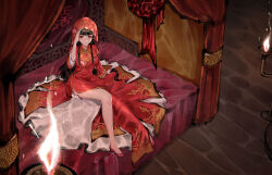  1girl absurdres architecture azur_lane bed black_hair blunt_bangs blush breasts bridal_veil candle chamber china_dress chinese_clothes dress east_asian_architecture full_body hand_up headdress highres long_dress long_hair long_sleeves medium_breasts mumuy official_alternate_costume on_bed pelvic_curtain red_eyes red_footwear red_veil rug side_slit sitting veil very_long_hair yat_sen_(azur_lane) yat_sen_(coronal_afterglow)_(azur_lane) 