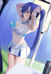  1girl adjusting_hair armpits blue_archive blush breasts cheerleader cleavage detached_collar facial_mark feet_out_of_frame gyoku_seisyoku halo halterneck highres large_breasts long_hair mechanical_halo millennium_cheerleader_outfit_(blue_archive) navel open_mouth pleated_skirt ponytail purple_eyes purple_hair skirt solo star_(symbol) white_skirt yuuka_(blue_archive)  rating:Sensitive score:16 user:danbooru
