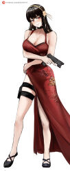  1girl absurdres ada_wong ada_wong_(cosplay) animal_print black_choker black_hair blush breasts butterfly_print choker cleavage closed_mouth cosplay dress flower full_body gun hair_flower hair_ornament hairband handgun highres holding holding_gun holding_weapon holster large_breasts long_hair looking_at_viewer nero_watch patreon_username print_dress red_dress red_eyes resident_evil side_slit simple_background solo spy_x_family thigh_holster trigger_discipline watermark weapon web_address white_background yor_briar 