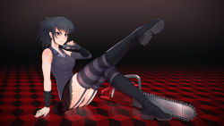  1girl arm_support bags_under_eyes black_background black_footwear black_gloves black_hair black_lagoon blush boots breasts chainsaw closed_mouth cross-laced_footwear earrings elbow_gloves electrolarynx fingerless_gloves floral_print frederica_sawyer from_side full_body garter_straps gloves highres holding jewelry knee_boots kuso_otoko leg_lift looking_at_viewer medium_breasts on_floor panties panty_peek purple_eyes scar shirt short_hair single_elbow_glove single_glove sitting skirt sleeveless sleeveless_shirt smile solo striped_clothes striped_thighhighs thighhighs thighhighs_under_boots thighs_together underwear 