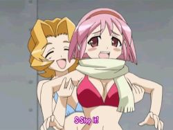  00s animated animated_gif blonde_hair bouncing_breasts bra breasts flat_chest kujibiki_unbalance large_breasts lingerie pink_hair red_eyes scarf subtitle underwear  rating:Sensitive score:28 user:NadiaCassel