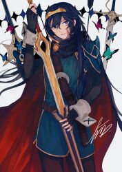  1girl belt blue_cape blue_eyes blue_gloves blue_hair brown_belt bug butterfly cape closed_mouth commentary_request falchion_(fire_emblem) fingerless_gloves fire_emblem fire_emblem_awakening gloves hair_between_eyes highres holding holding_sheath holding_sword holding_weapon insect kazuha_(kazuha1003) long_hair long_sleeves lucina_(fire_emblem) nintendo red_cape sheath signature solo sword tiara two-tone_cape weapon white_background 