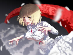1girl absurdres ar-khey blood blood_from_mouth blood_on_hands bob_cut breasts chimera commentary dungeon_meshi falin_touden falin_touden_(chimera) feathers fingernails highres large_breasts light_brown_hair looking_at_viewer monster_girl navel open_mouth parted_lips short_hair slit_pupils solo spoilers tail taur underboob wings yellow_eyes