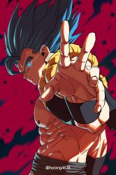  1boy absurdres black_vest blue_eyes blue_hair blurry blurry_background cropped_vest dragon_ball dragon_ball_super dragon_ball_super_broly eye_trail from_behind glowing glowing_eyes gogeta highres horang4628 light_trail looking_at_viewer looking_back male_focus medium_hair metamoran_vest muscular no_shirt pants red_background serious solo spiked_hair super_saiyan super_saiyan_blue vest white_pants 