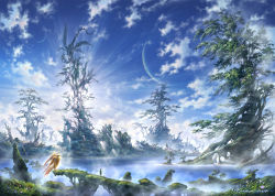 1girl bird cloud fantasy forest landscape nature original scenery shirakaba_toshiharu sky tree water rating:General score:25 user:danbooru