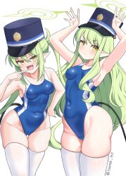  2girls armpits arms_up blue_archive blue_one-piece_swimsuit breasts closed_mouth commentary_request competition_swimsuit covered_navel cowboy_shot demon_tail fang frown garrison_cap green_hair green_halo groin halo hat highleg highres hikari_(blue_archive) index_finger_raised kusunoki_toona long_hair looking_at_viewer multiple_girls nozomi_(blue_archive) one-piece_swimsuit open_mouth pointy_ears simple_background skin_fang skindentation small_breasts smirk standing swimsuit tail thighhighs twintails twitter_username white_background white_thighhighs yellow_eyes 