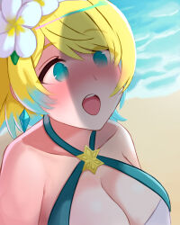  beach blonde_hair blue_background blue_eyes blush breasts censored ciderwrath cleavage earrings fire_emblem fire_emblem_heroes fjorm_(fire_emblem) flower hair_ornament happy jewelry mosaic_censoring necklace necklace_jewelry nintendo penis_awe penis_shadow  rating:Questionable score:7 user:alpha601