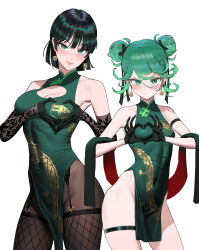  2girls absurdres bare_shoulders blush breasts china_dress chinese_clothes cleavage_cutout clothing_cutout collarbone contrapposto covered_navel double_bun dress earrings fubuki_(one-punch_man) garter_straps green_eyes green_hair hair_bun heart heart_hands highres jewelry large_breasts looking_at_viewer medium_hair multiple_girls no_panties one-punch_man side_slit small_breasts smile tatsumaki thigh_strap thighhighs tsurime wonbin_lee  rating:Sensitive score:70 user:danbooru