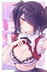  ame-chan_(needy_girl_overdose) black_hair bra breasts cleavage clothes_lift nail_polish needy_girl_overdose shirt_lift twintails underwear  rating:Questionable score:70 user:Blaze_Viper