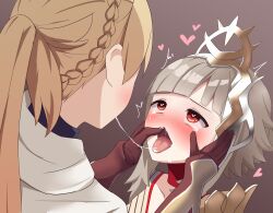  2girls after_kiss ahegao blonde_hair blush choker fire_emblem fire_emblem_heroes grey_hair hand_on_another&#039;s_face hand_on_another&#039;s_mouth heart heart-shaped_pupils heart_(symbol) long_hair multiple_girls nintendo official_alternate_hairstyle red_eyes saliva saliva_trail sharena_(fire_emblem) short_hair sidelocks simple_background symbol-shaped_pupils tagme tears tiara tongue tongue_out twitching veronica_(fire_emblem)  rating:Questionable score:15 user:generic_cleric