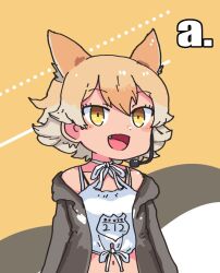  1girl a_(phrase) animal_ears bare_shoulders black_jacket blonde_hair camisole coyote_(kemono_friends) extra_ears fang jacket kemono_friends kemono_friends_v_project microphone navel open_mouth pozesuke short_hair simple_background solo virtual_youtuber wolf_ears wolf_girl yellow_background yellow_eyes 