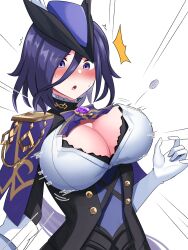  1girl ^^^ ascot black_corset blue_hair blush breasts bursting_breasts clorinde_(genshin_impact) corset elbow_gloves emphasis_lines flying_button fold-over_gloves genshin_impact gloves hat hat_feather highres large_breasts long_hair long_hair_between_eyes open_mouth popped_button purple_ascot purple_eyes shirt solo surprised tricorne upper_body vision_(genshin_impact) wardrobe_malfunction white_background white_gloves white_shirt yuzu_kiro 