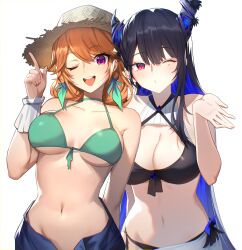  2girls ;d absurdres arm_behind_back asymmetrical_horns bare_shoulders bikini bikini_top_only bingsardina black_hair blue_hair blue_shorts breasts choker collarbone colored_inner_hair commentary demon_horns earrings english_commentary feather_earrings feathers green_bikini green_choker hand_up hat highres hololive hololive_english horns index_finger_raised jewelry long_hair looking_at_viewer medium_breasts mole mole_under_eye multicolored_hair multiple_girls navel nerissa_ravencroft no_panties no_shirt one_eye_closed open_fly open_mouth orange_hair purple_eyes red_eyes shorts simple_background smile stomach straw_hat swimsuit takanashi_kiara takanashi_kiara_(casual) teeth two-tone_hair upper_teeth_only virtual_youtuber white_background wrist_cuffs 