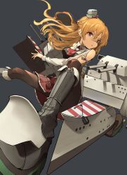  1girl absurdres adapted_turret ascot bare_shoulders blonde_hair blush bodice braid breasts brown_eyes brown_pantyhose cannon french_braid grey_background hair_between_eyes hat highres kantai_collection large_breasts long_hair long_sleeves machinery mini_hat open_mouth pantyhose red_ascot rigging shirt side_braid smile smokestack solo tilted_headwear turret wavy_hair white_shirt wokyu_(houkago_no_megane) zara_(kancolle) 