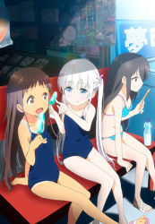  3girls adachi_tenka artist_request bench bikini black_hair blue_eyes blue_one-piece_swimsuit bottle breasts brown_eyes brown_hair cleavage competition_school_swimsuit eating food hair_ornament hairclip komako_semenovich leg_lift leg_up legs long_hair multiple_girls official_art one-piece_swimsuit one-piece_tan open_mouth pointing polka_dot polka_dot_bikini popsicle popsicle_stick sandals sayama_chie school_swimsuit shop shoujo_ramune sitting small_breasts smile storefront swimsuit tan tanline twintails white_hair  rating:Sensitive score:171 user:danbooru
