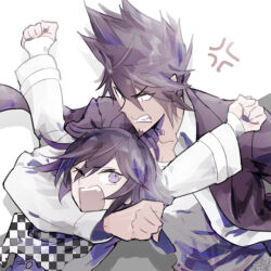  2boys ahoge anger_vein angry arm_around_neck arm_belt arms_up belt black_scarf buttons checkered_clothes checkered_scarf clenched_hand clenched_hands clenched_teeth coat coat_partially_removed coattails collarbone collared_coat collared_jacket colored_tips commentary_request cowboy_shot danganronpa_(series) danganronpa_v3:_killing_harmony dated facial_hair fighting goatee hair_between_eyes height_difference jacket layered_sleeves looking_at_another male_focus momota_kaito multicolored_hair multiple_boys oma_kokichi one_eye_closed open_mouth pale_skin pectoral_cleavage pectorals purple_coat purple_hair purple_sleeves scarf shadow shirt short_hair signature simple_background sleeves_past_wrists spiked_hair teeth torn_clothes torn_scarf two-tone_scarf u_u_ki_u_u unmoving_pattern upper_body upper_teeth_only v-shaped_eyebrows white_background white_belt white_jacket white_scarf white_shirt white_sleeves 