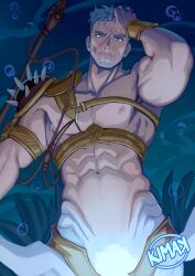  1boy abs bara blue_background blue_eyes blue_hair bubble chest_strap closed_mouth collarbone cowboy_shot hand_on_own_head highres kimakkun light_frown looking_at_viewer male_focus merman monster_boy muscular muscular_male nipples original pectorals semeru_(coral_island) shoulder_spikes signature single_shoulder_pad solo spikes underwater 