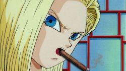  1girl android_18 angry blonde_hair blue_eyes cigar cigar_in_mouth dragon_ball dragonball_z smoking  rating:Explicit score:2 user:MegaLink