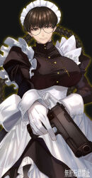  1girl apron black_background black_dress black_hair black_lagoon braid breasts closed_mouth covered_erect_nipples cross cross_necklace dress foreshortening glasses gloves gun handgun holding holding_gun holding_weapon jewelry juliet_sleeves large_breasts long_hair long_sleeves looking_at_viewer maid maid_apron maid_headdress necklace outline puffy_sleeves roberta_(black_lagoon) round_eyewear solo standing taut_clothes taut_dress trigger_discipline twin_braids twintails umbrella very_long_hair weapon white_apron white_gloves yasunososaku yellow_outline 