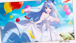  1girl absurdres balloon bare_shoulders bbeedol blue_eyes blue_flower blue_hair blue_ribbon blue_rose blue_sky blush breasts bridal_veil character_request cloud collarbone commission confetti copyright_request dated dress flower grass hair_ribbon hand_up highres long_hair open_mouth ribbon rose skirt_hold sky strapless strapless_dress teeth twitter_username upper_teeth_only veil wedding_dress white_dress white_flower white_rose 