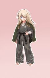  1girl absurdres barefoot belt black_belt black_pants blonde_hair blue_eyes brown_background chinese_commentary commentary_request dougi full_body hair_over_one_eye highres jacket jacket_on_shoulders kuma-bound long_hair martial_arts_belt original pants print_pants simple_background smile solo spider_web_print standing teeth toes 